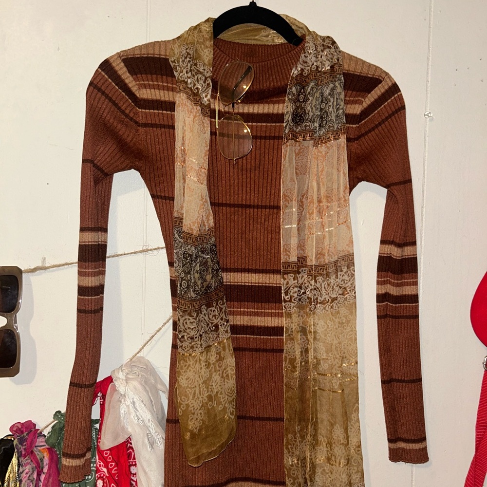 Say What? Brown Striped Dress with Gold Scarf